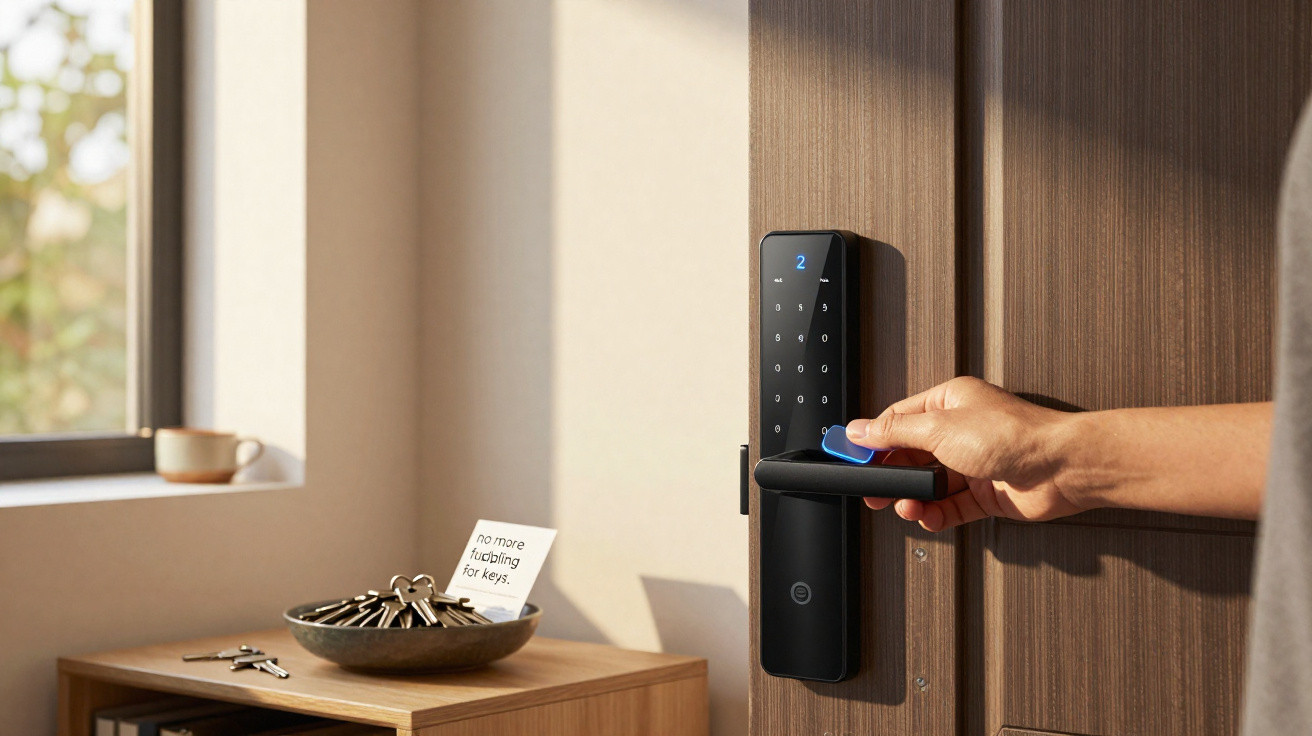 Person using a fingerprint to unlock a modern digital door lock on a wooden door indoors.