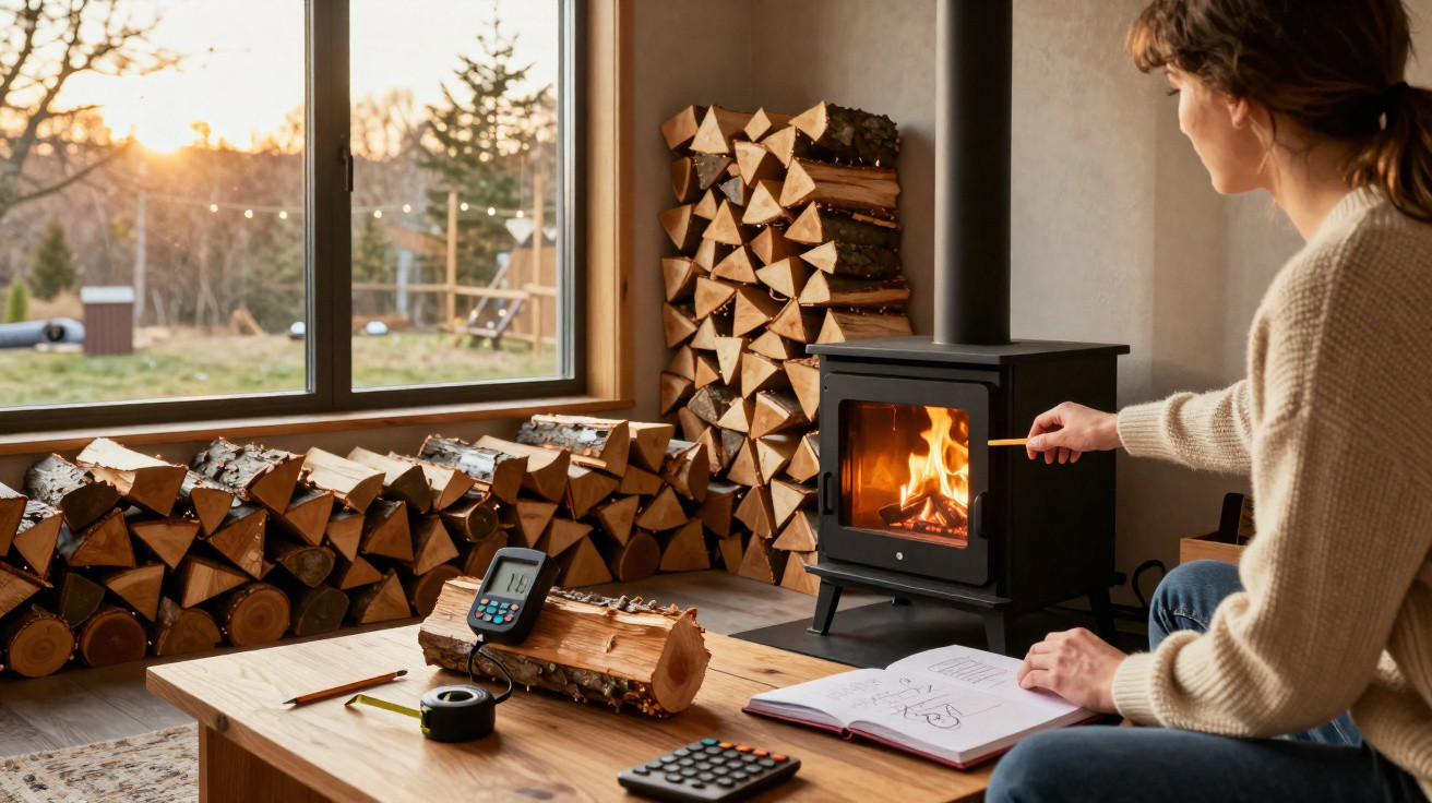 Person lighting a fire in a wood-burning stove in a cozy room with stacked firewood and a sunset outside.