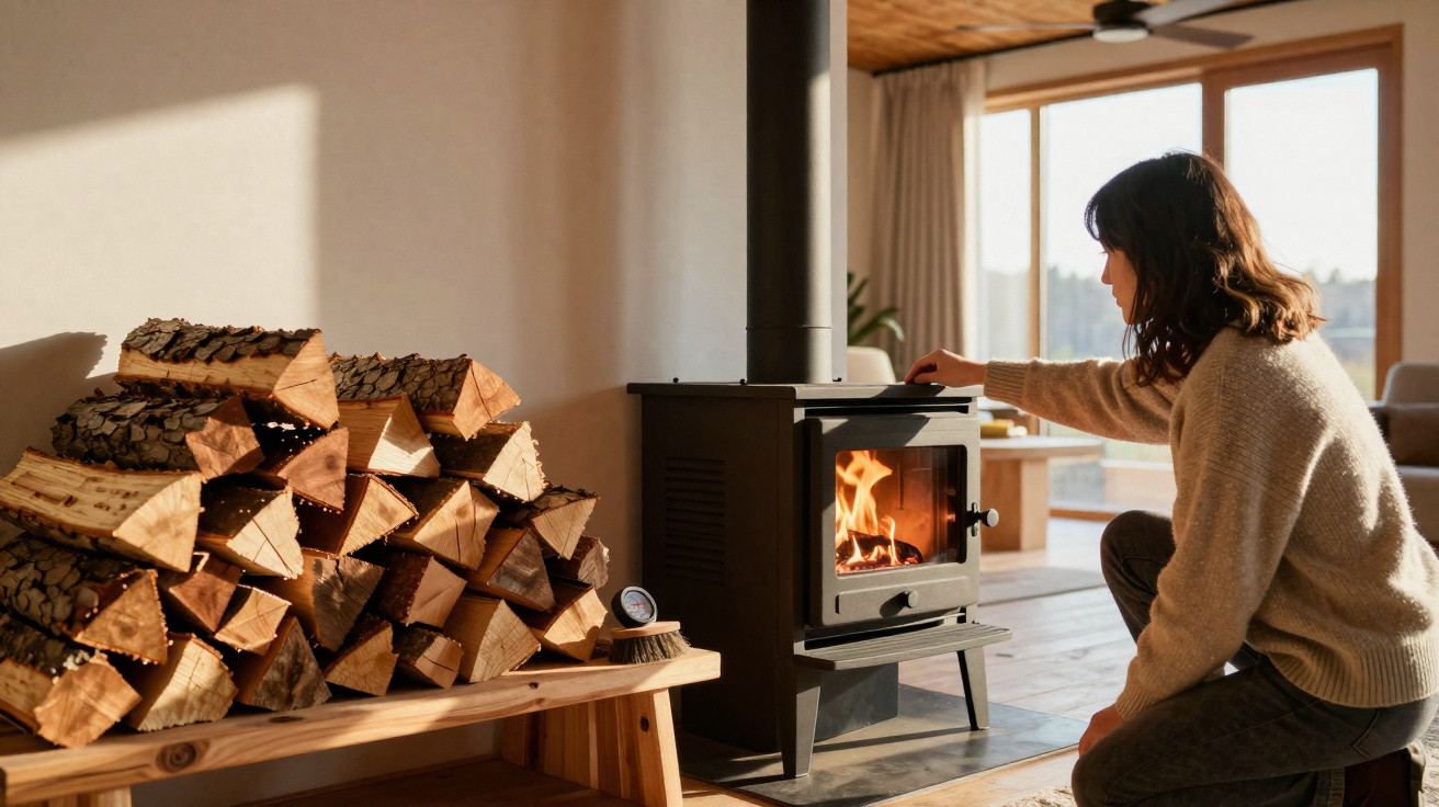 Woman in a cosy sweater lighting a wood-burning stove next to a stack of chopped firewood inside a bright living room.