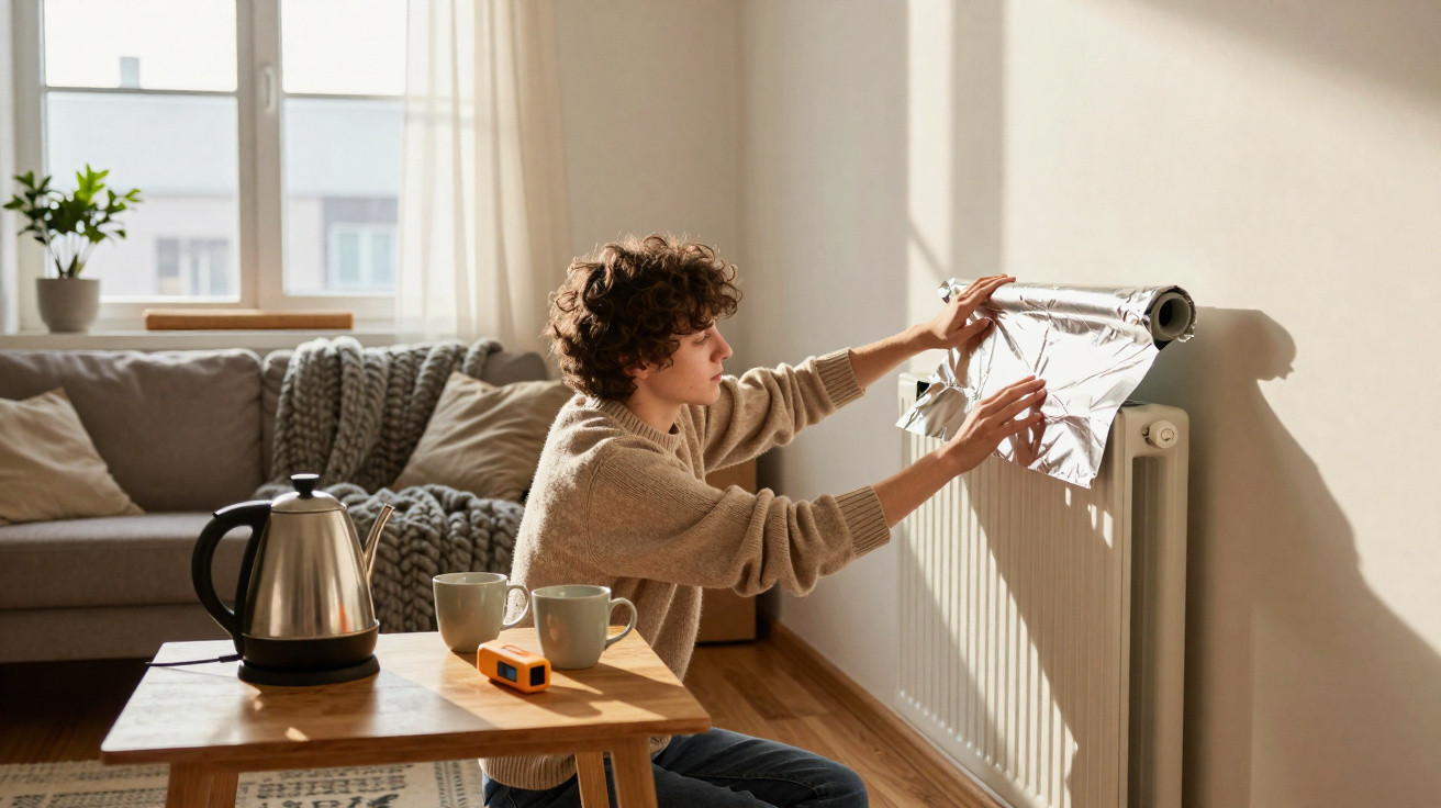 Person attaching reflective foil to a radiator in a sunlit living room with tea kettle and cups on a table.