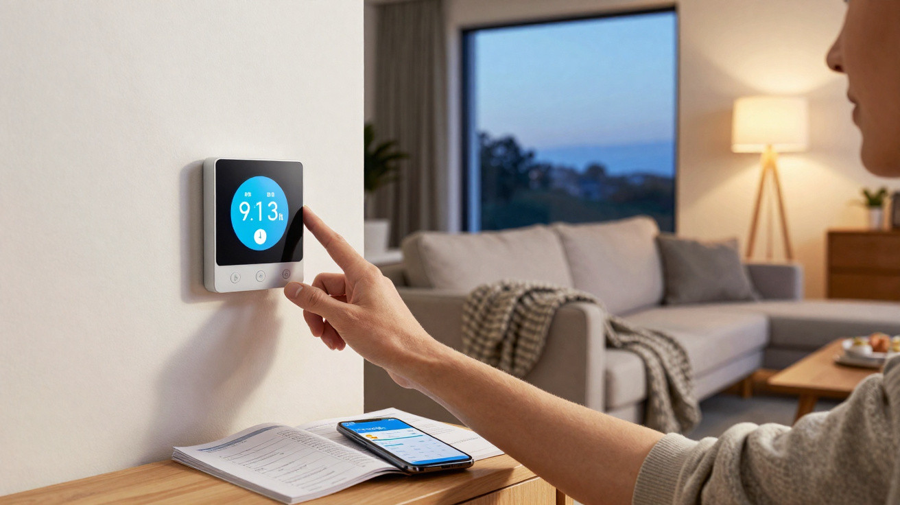 Person adjusting a smart thermostat on a wall in a cosy living room with a smartphone on a wooden table.