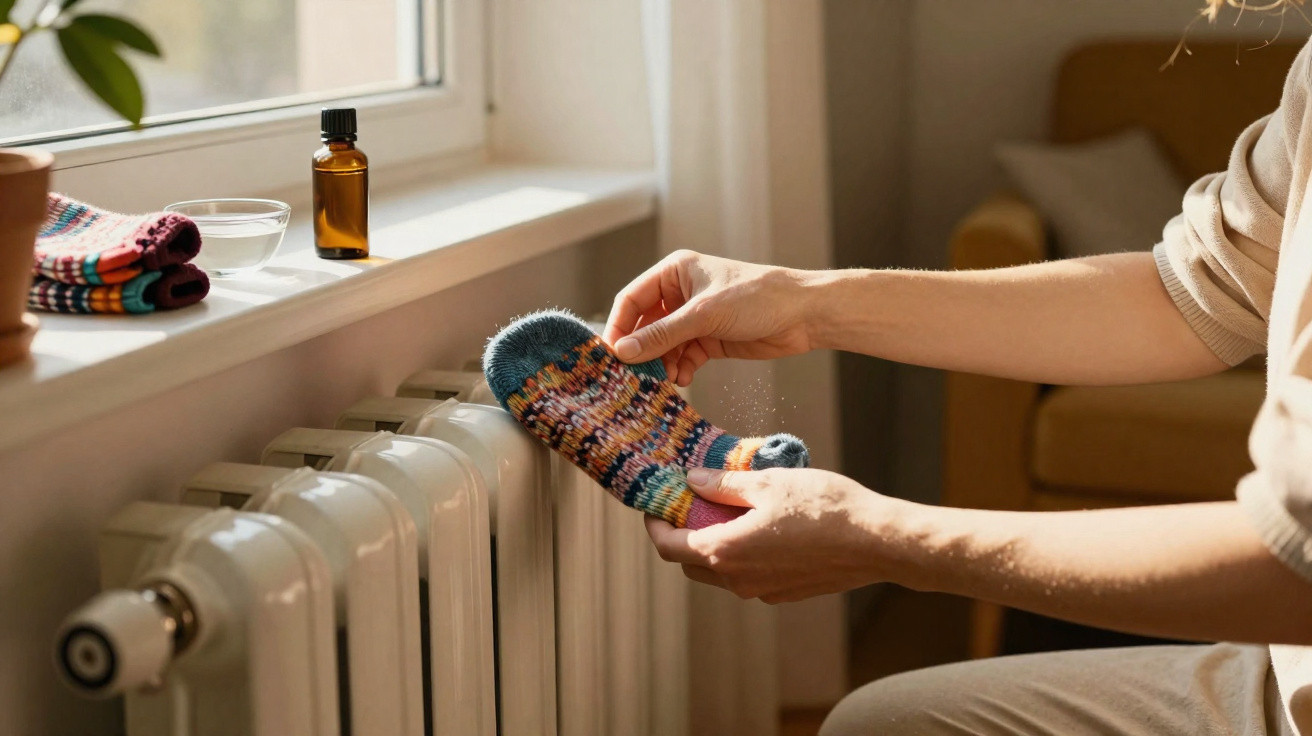 Person warming a colourful knitted mitten on a white radiator near a window with folded socks and a bottle nearby.