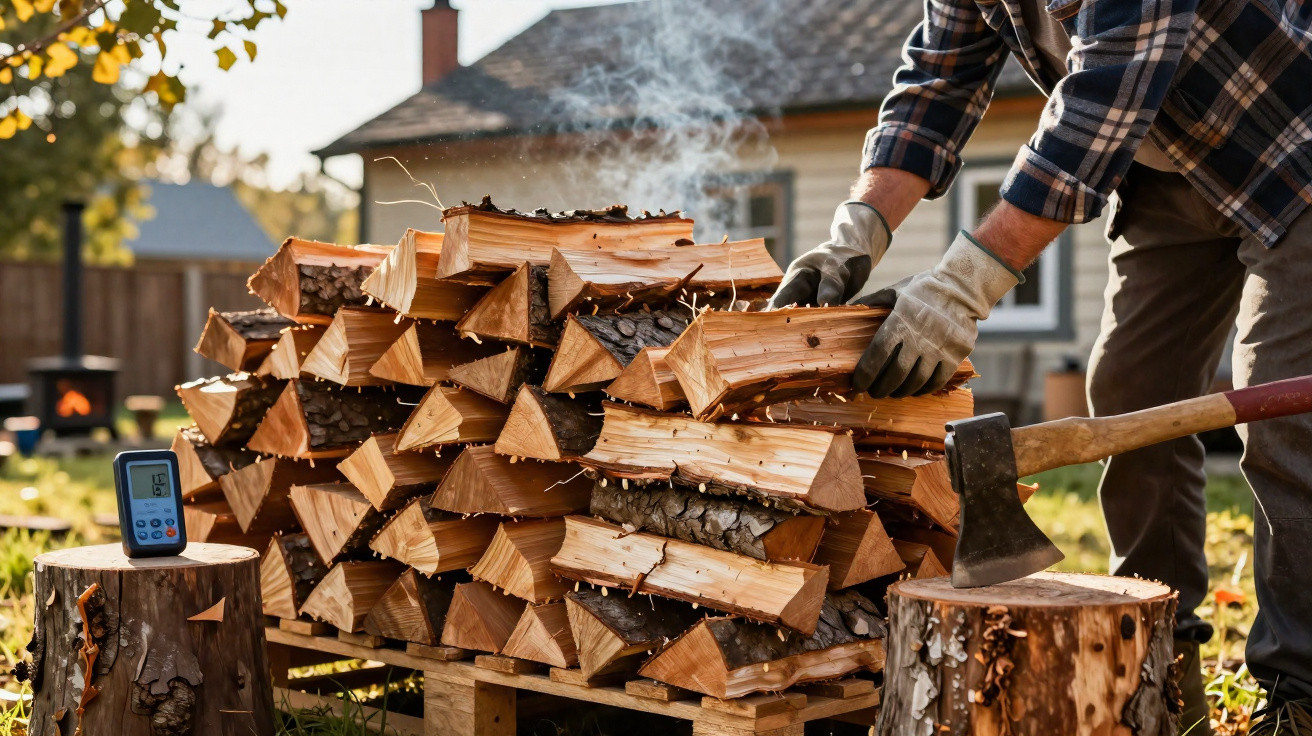 Person stacking split firewood outdoors next to an axe lodged in a tree stump and a digital thermometer.