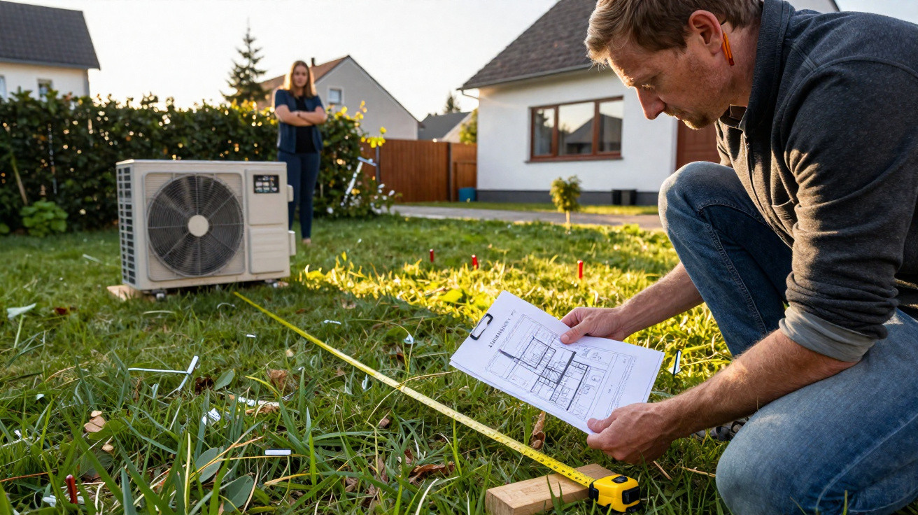 Technician measuring garden area with plans in hand near an air conditioning unit outside a house.