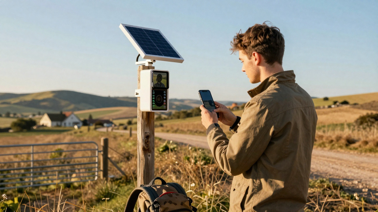 Young man using phone near solar-powered wildlife camera on countryside trail in evening light