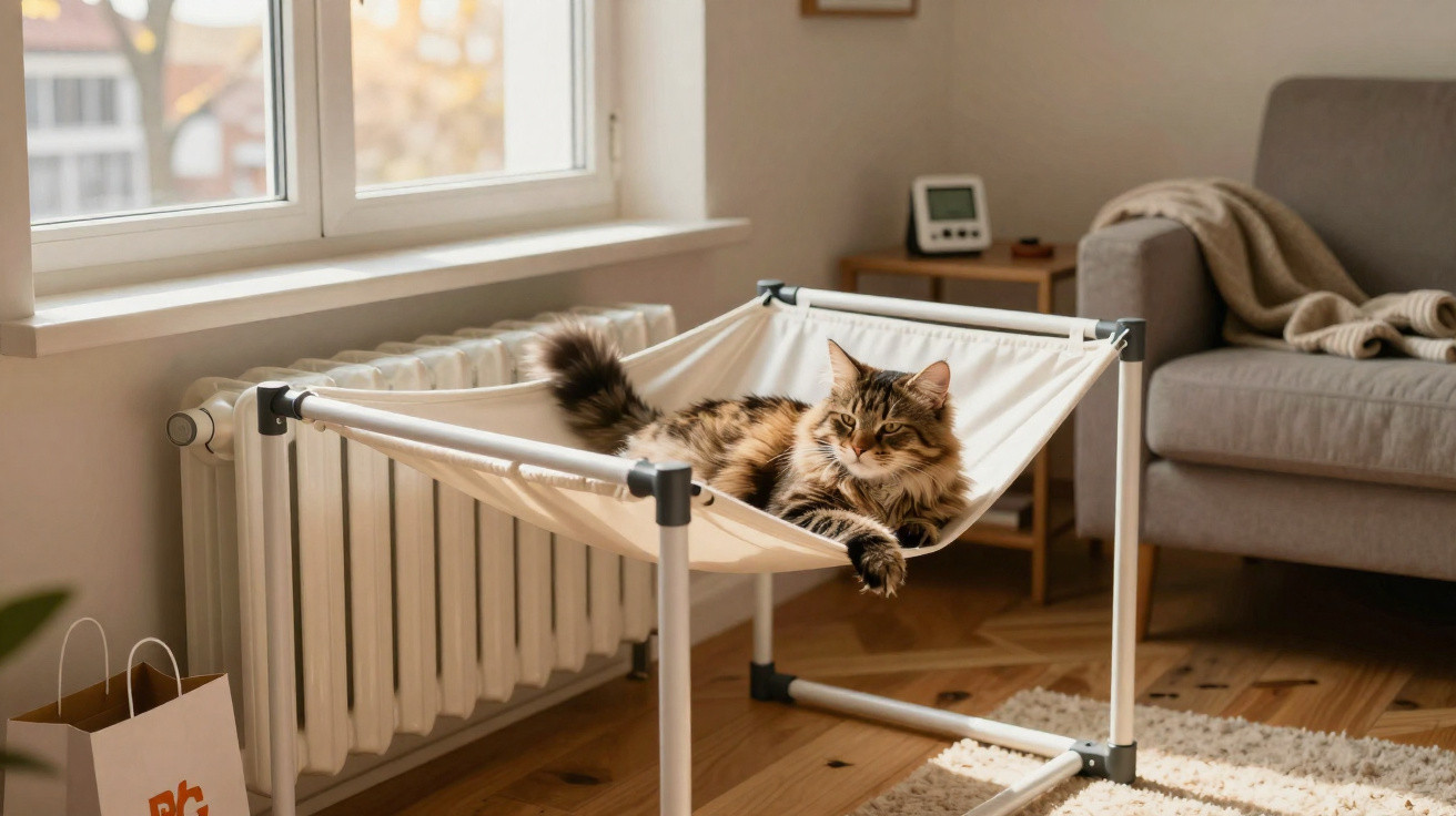 Long-haired tabby cat resting in an elevated fabric pet hammock beside a radiator in a cosy living room.