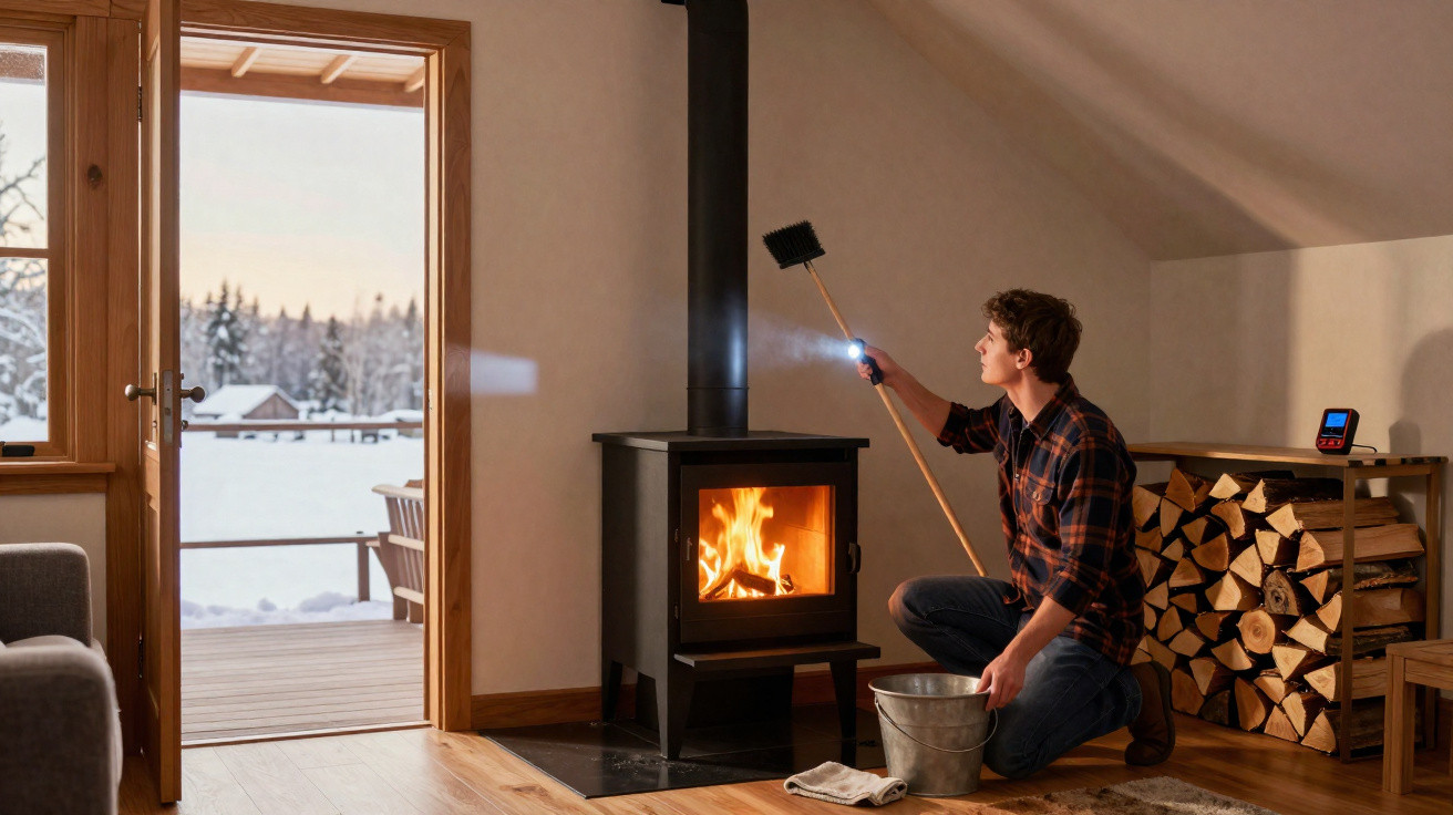 Man tending to a lit wood stove inside a cosy room with stacked firewood and snowy outdoor view.