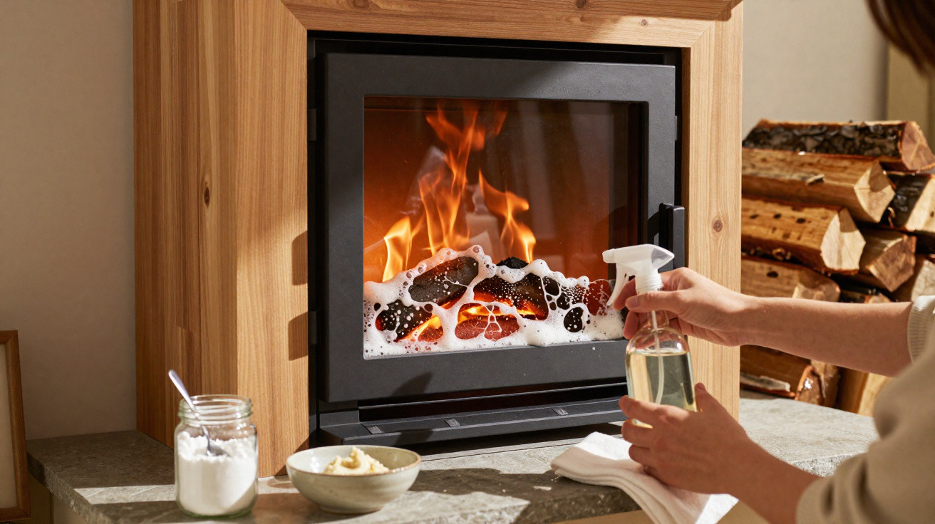 Person cleaning the glass door of a wood-burning stove with foam and spray bottle indoors.