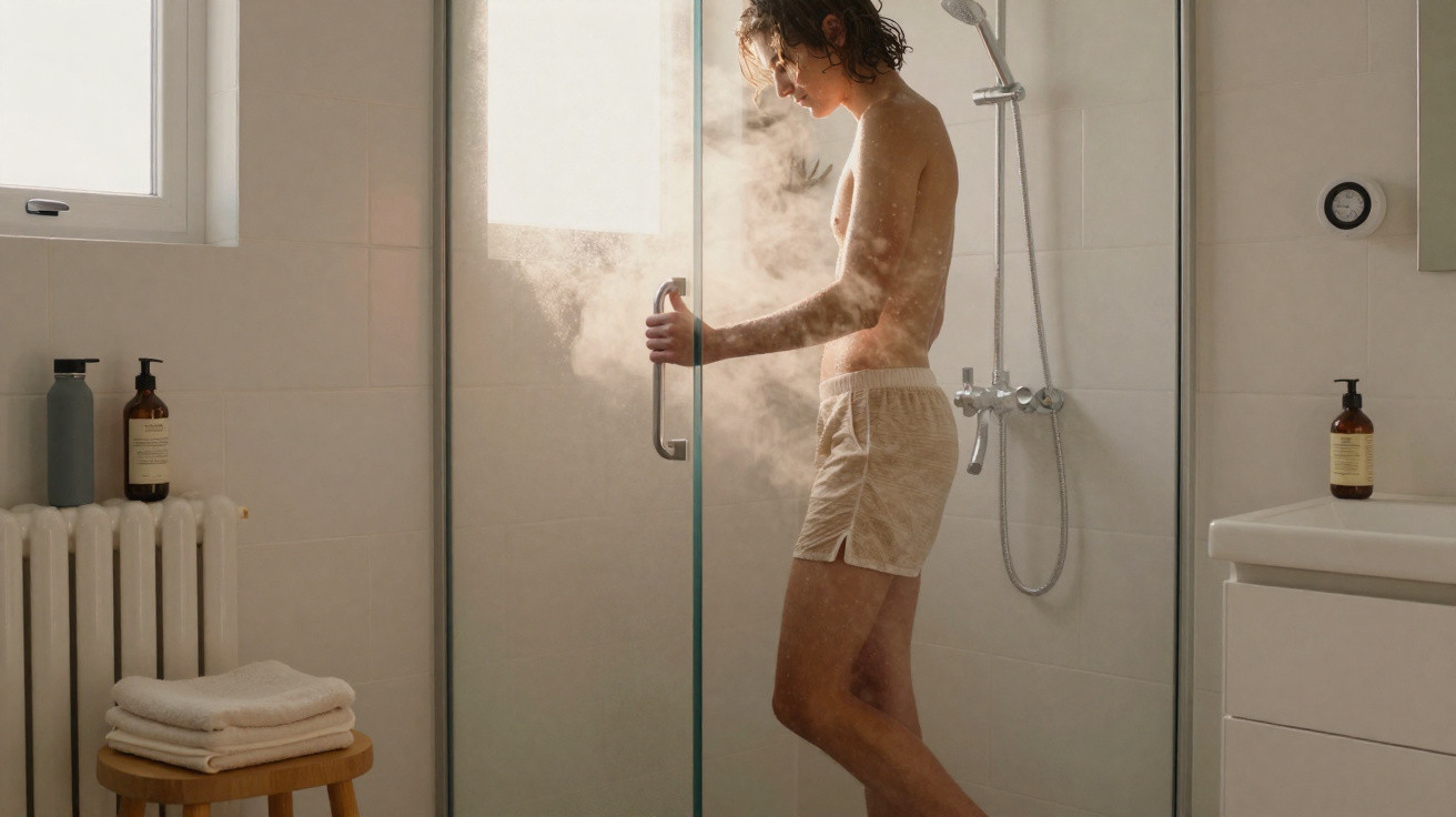 Young man in shorts opening a glass shower door with steam inside a bright modern bathroom.