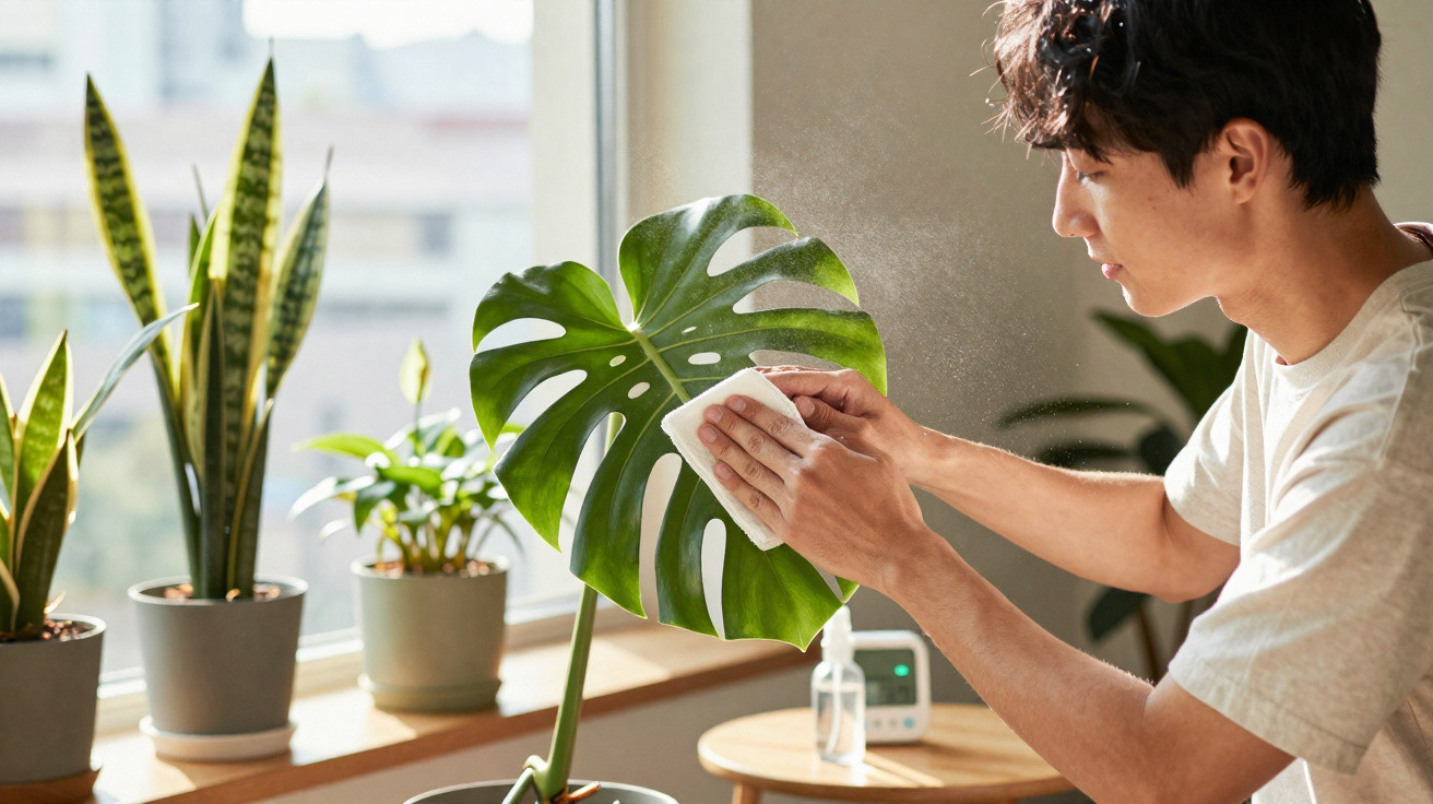 Person wiping a large monstera plant leaf with a cloth by a sunny windowsill with potted plants.