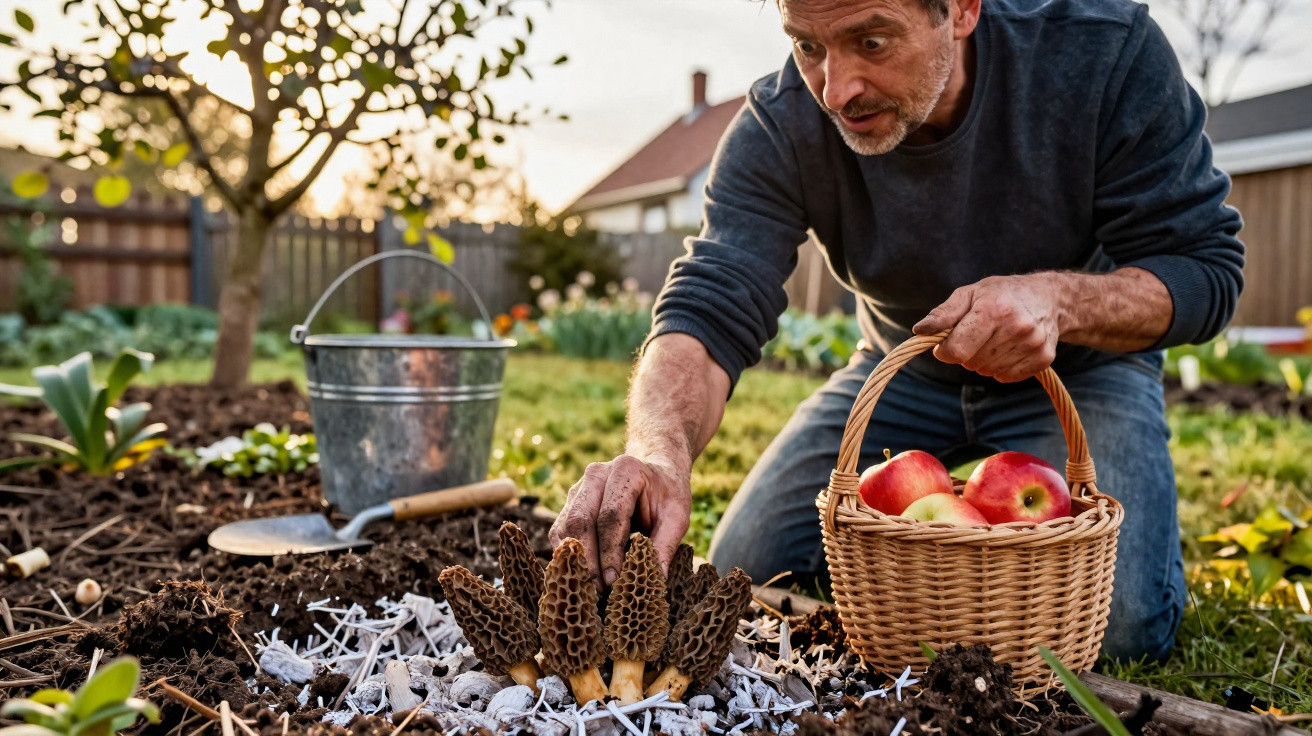 Middle-aged man harvesting morel mushrooms in garden with basket of apples beside him at sunset.