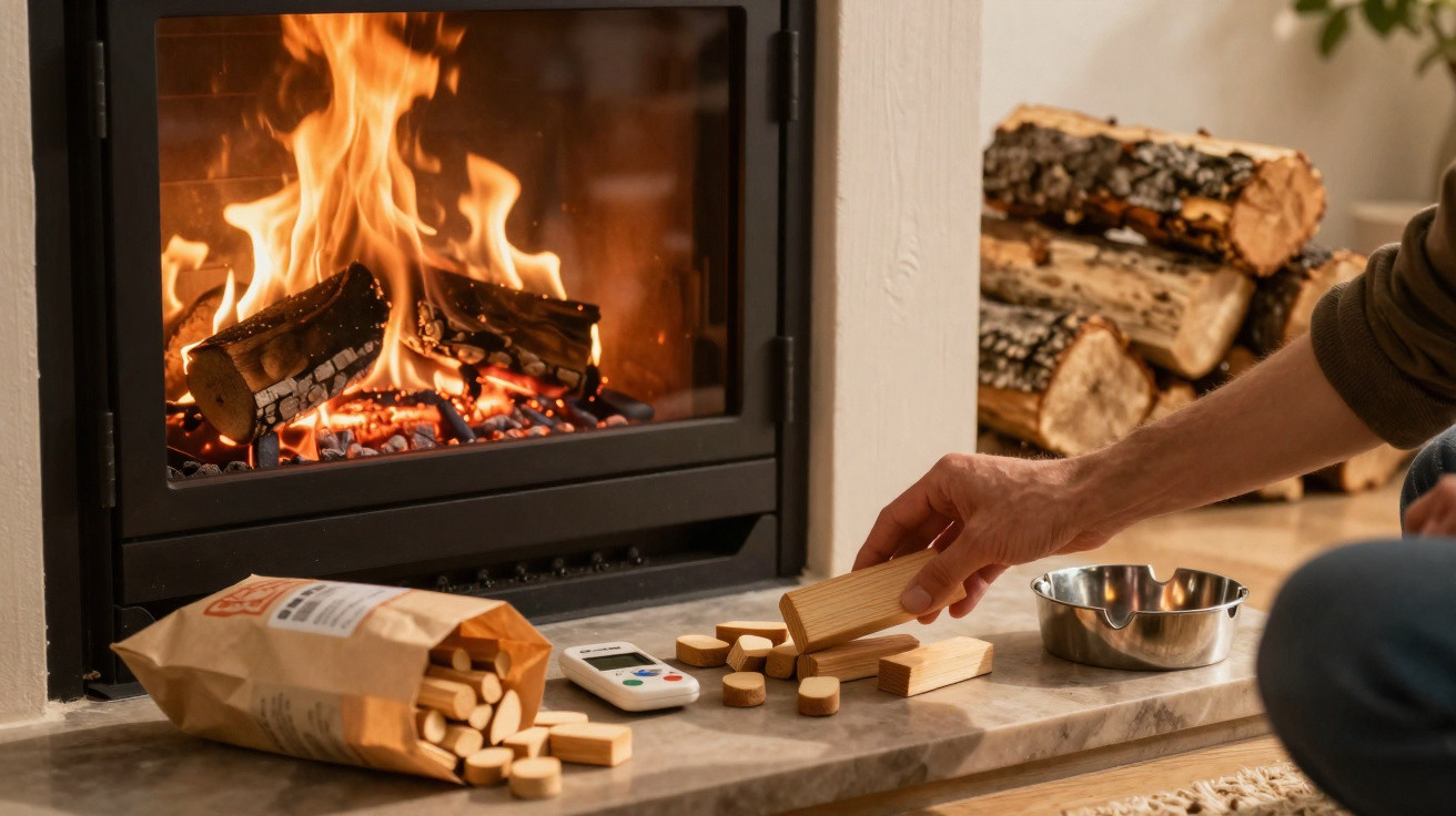 Person playing wooden block game by a lit fireplace with firewood stacked in the background.