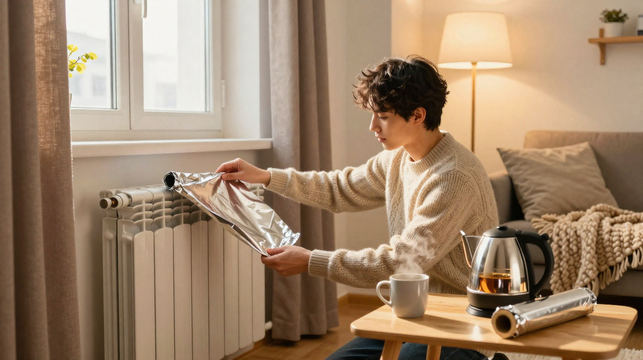 Young man covering a home radiator with aluminium foil in a cosy living room.