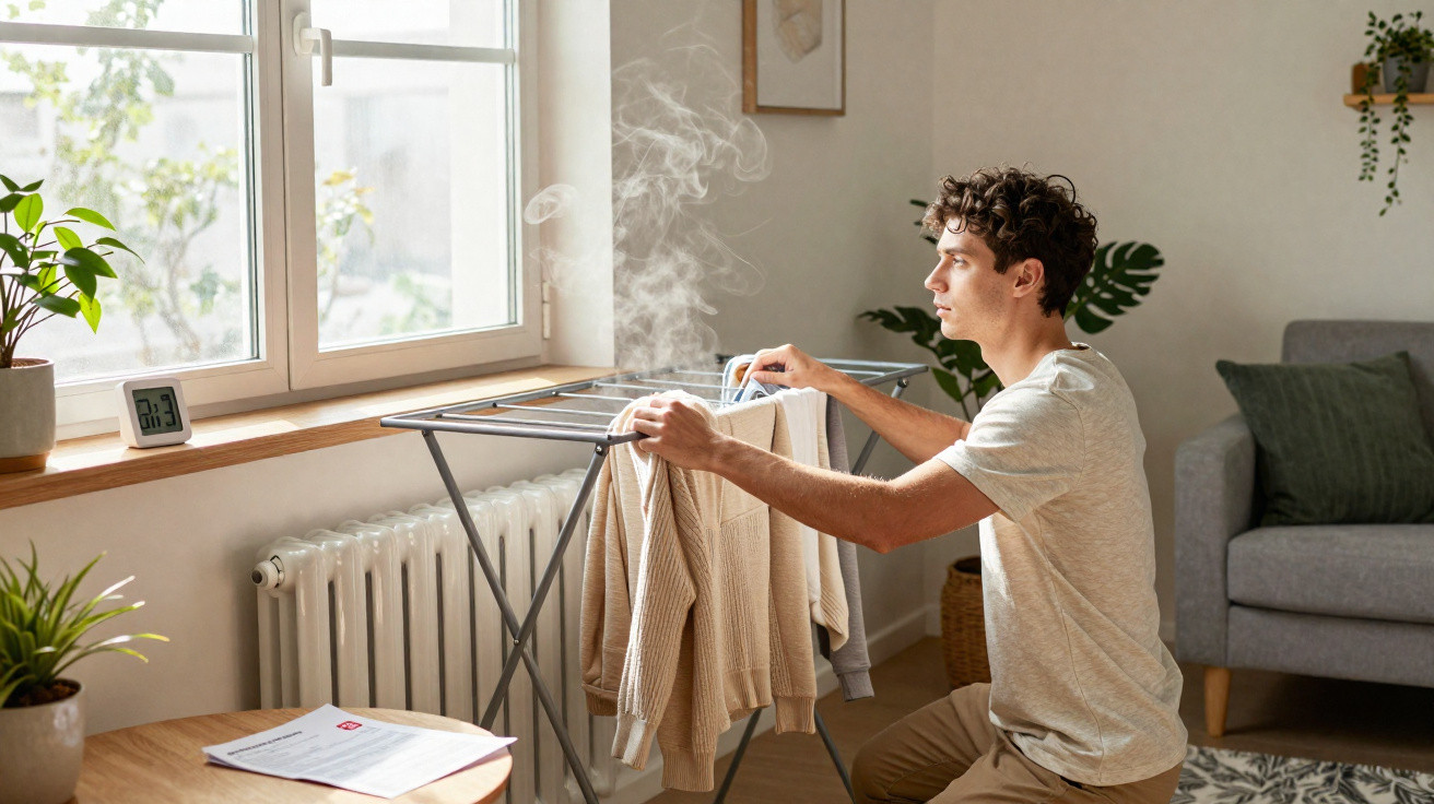 Young man steaming clothes on a drying rack in a bright, cosy living room with plants and a window.