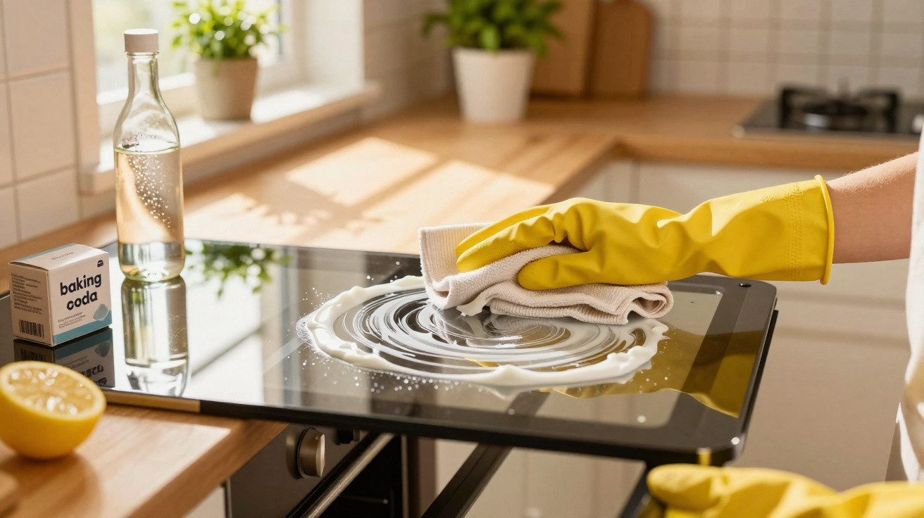 Person wearing yellow gloves cleaning a glass stovetop with a cloth, lemon, baking soda, and bottle on counter.