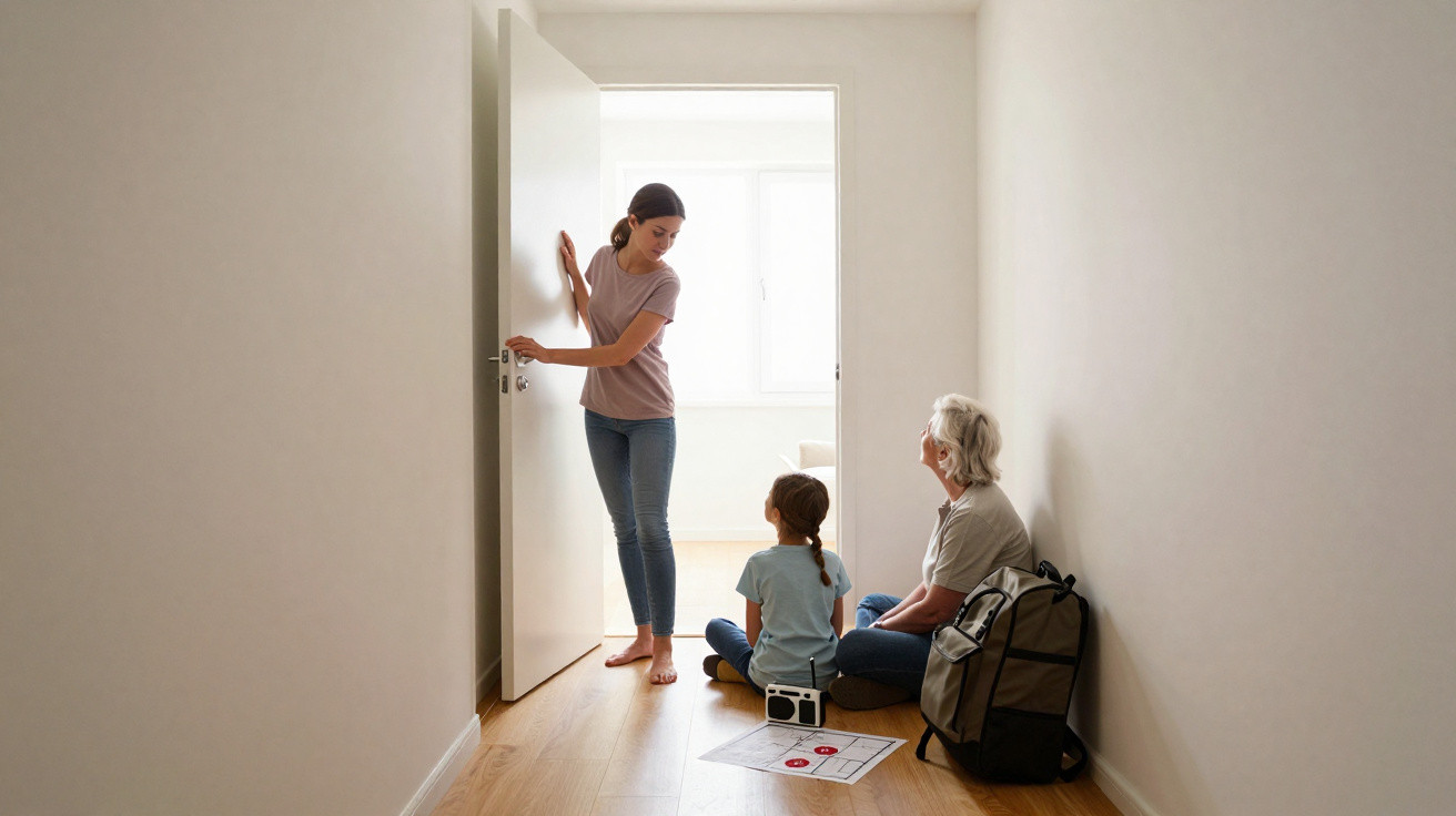Woman opens door to a hallway where an elderly person and child sit on the floor with a backpack and documents.