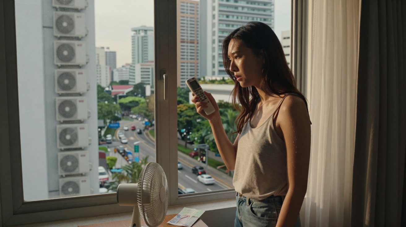 Young woman holding remote control by window air conditioner fan on a sunny city day.
