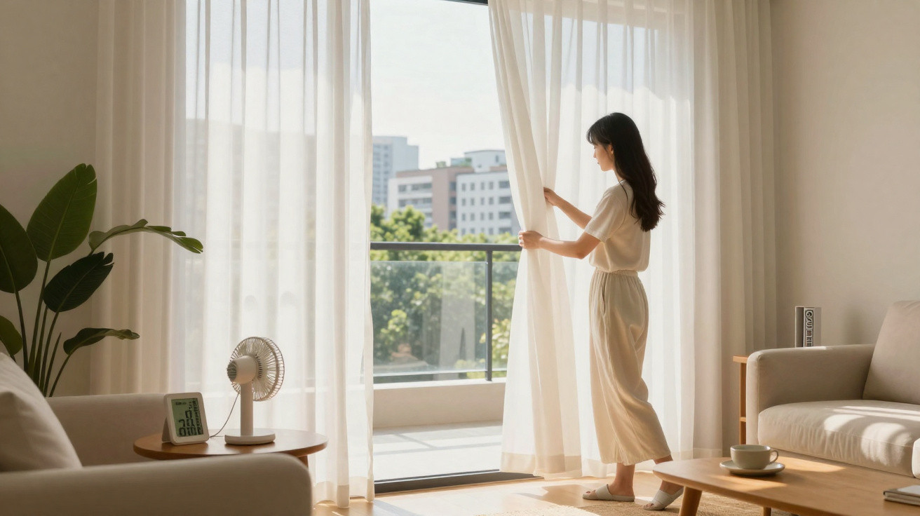 Woman opening sheer curtains in a bright living room with neutral furniture and a balcony view of city buildings.