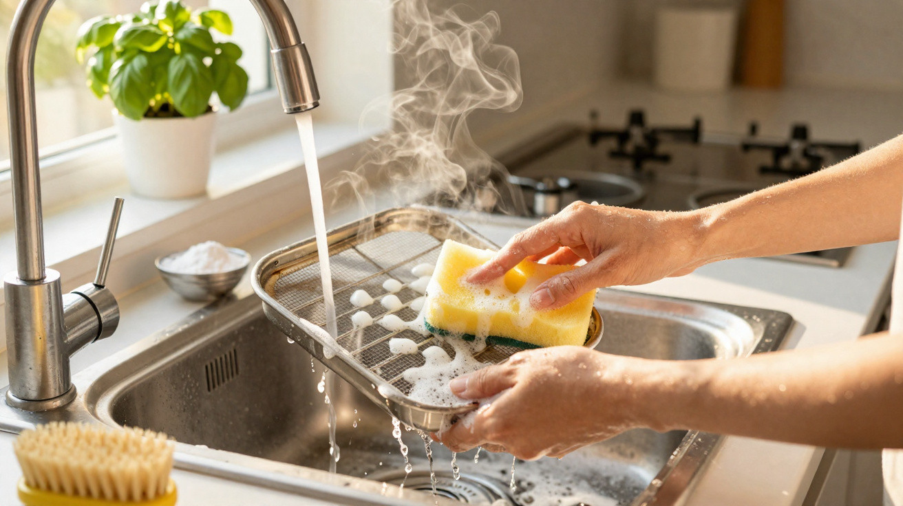 Person washing a hot, steaming oven tray with a sponge in a kitchen sink under running water.