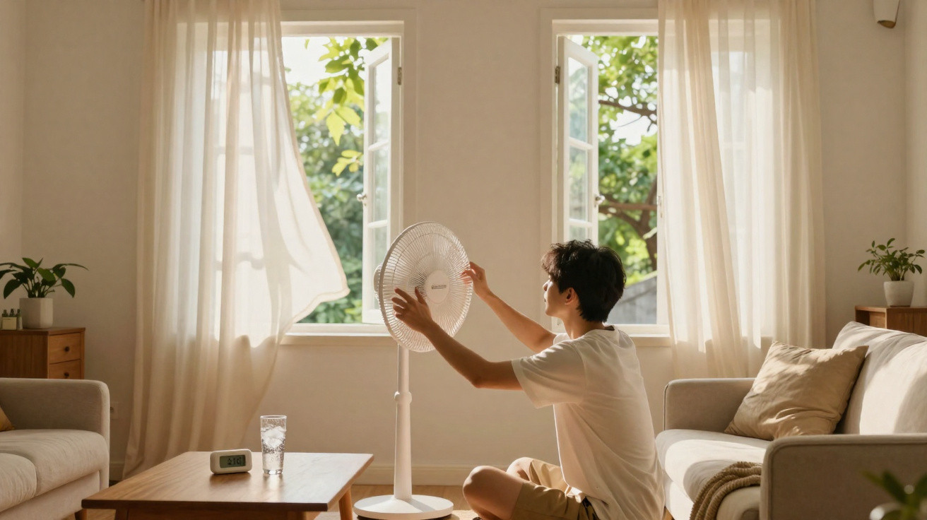 Person sitting on the floor adjusting a standing fan in a sunlit living room with open windows and light curtains