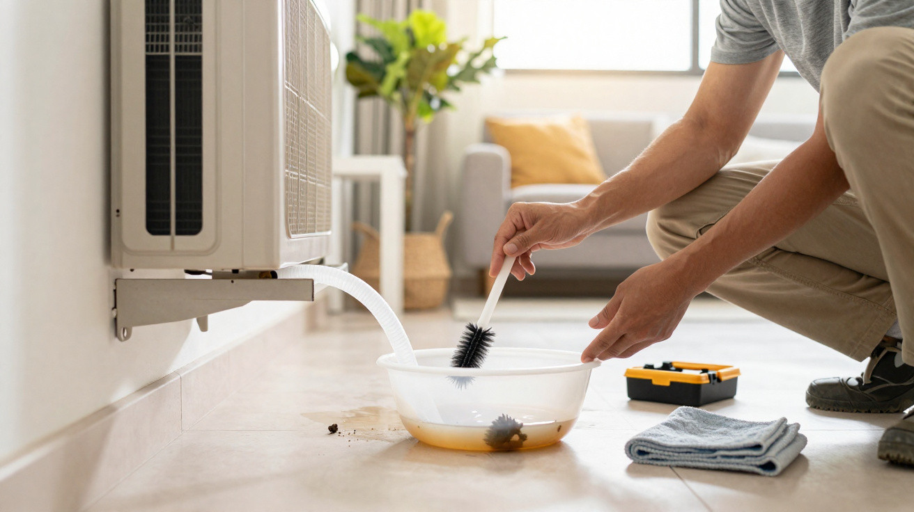 Person cleaning indoor air conditioner filter using a brush over a plastic basin on the floor.