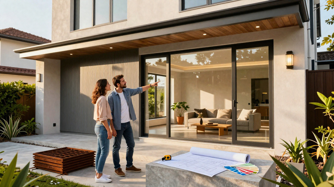Couple standing outside modern house with large glass doors, looking and pointing while reviewing blueprints and colour swatc