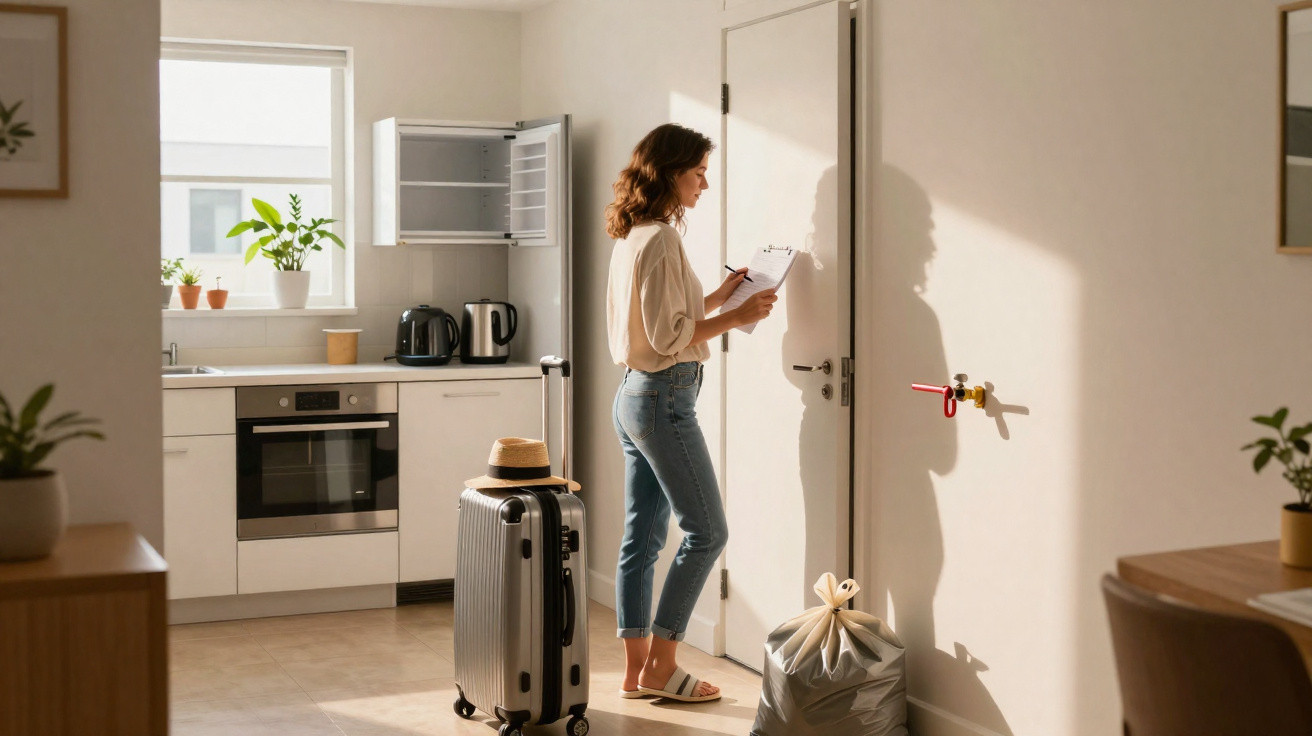 Woman with suitcase and laundry bag checking a clipboard near the door in a bright kitchen interior.