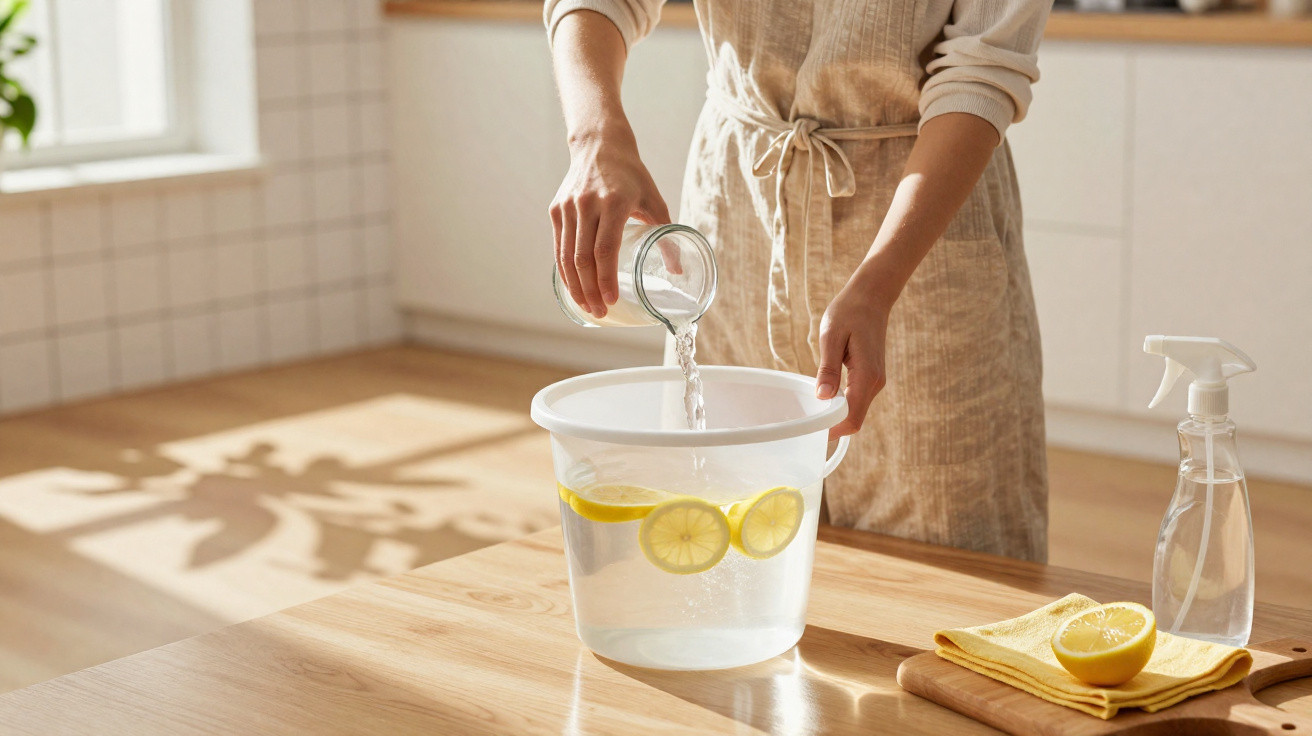 Person in apron pouring water into a bucket with lemon slices on a wooden kitchen table.