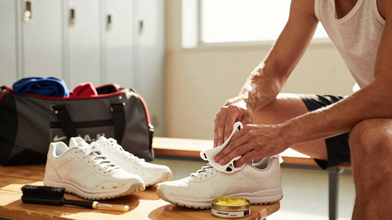Person cleaning white trainers with cloth in a bright locker room next to sports bag and cleaning supplies.