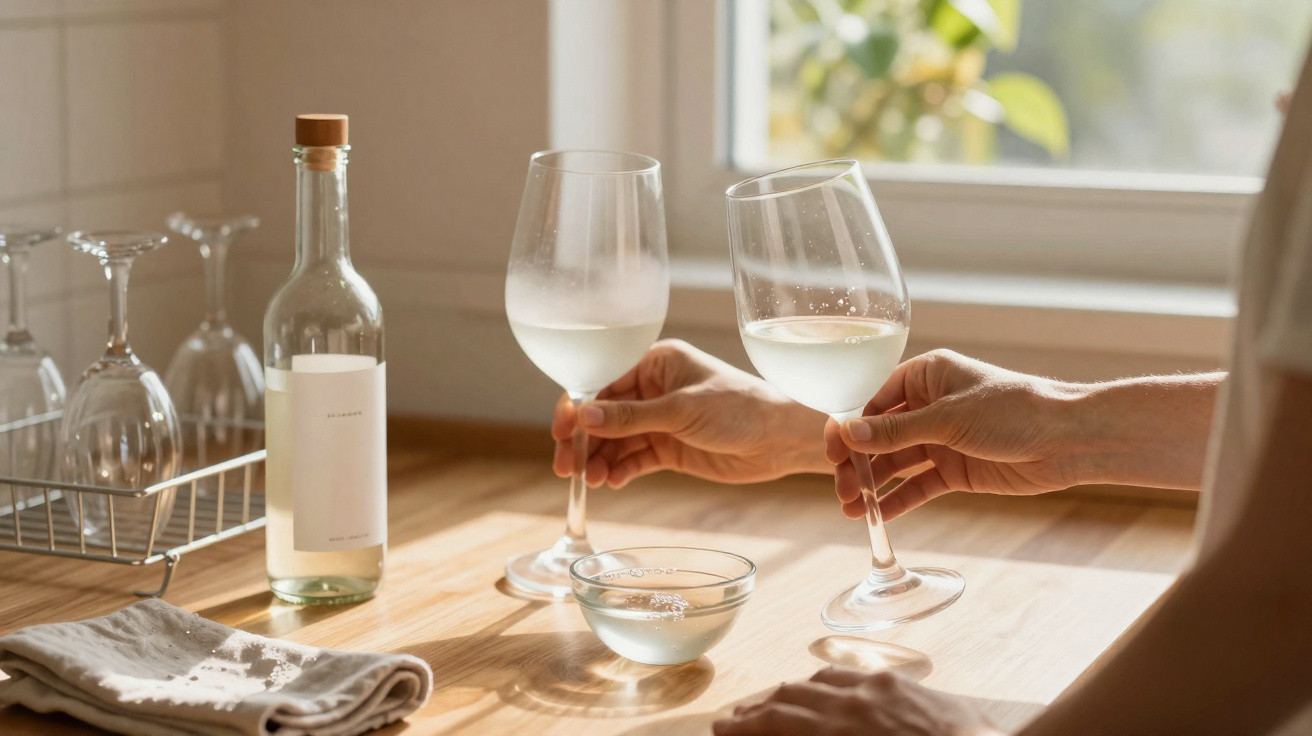 Two hands holding white wine glasses over a wooden kitchen counter with a bottle and dish towel nearby.