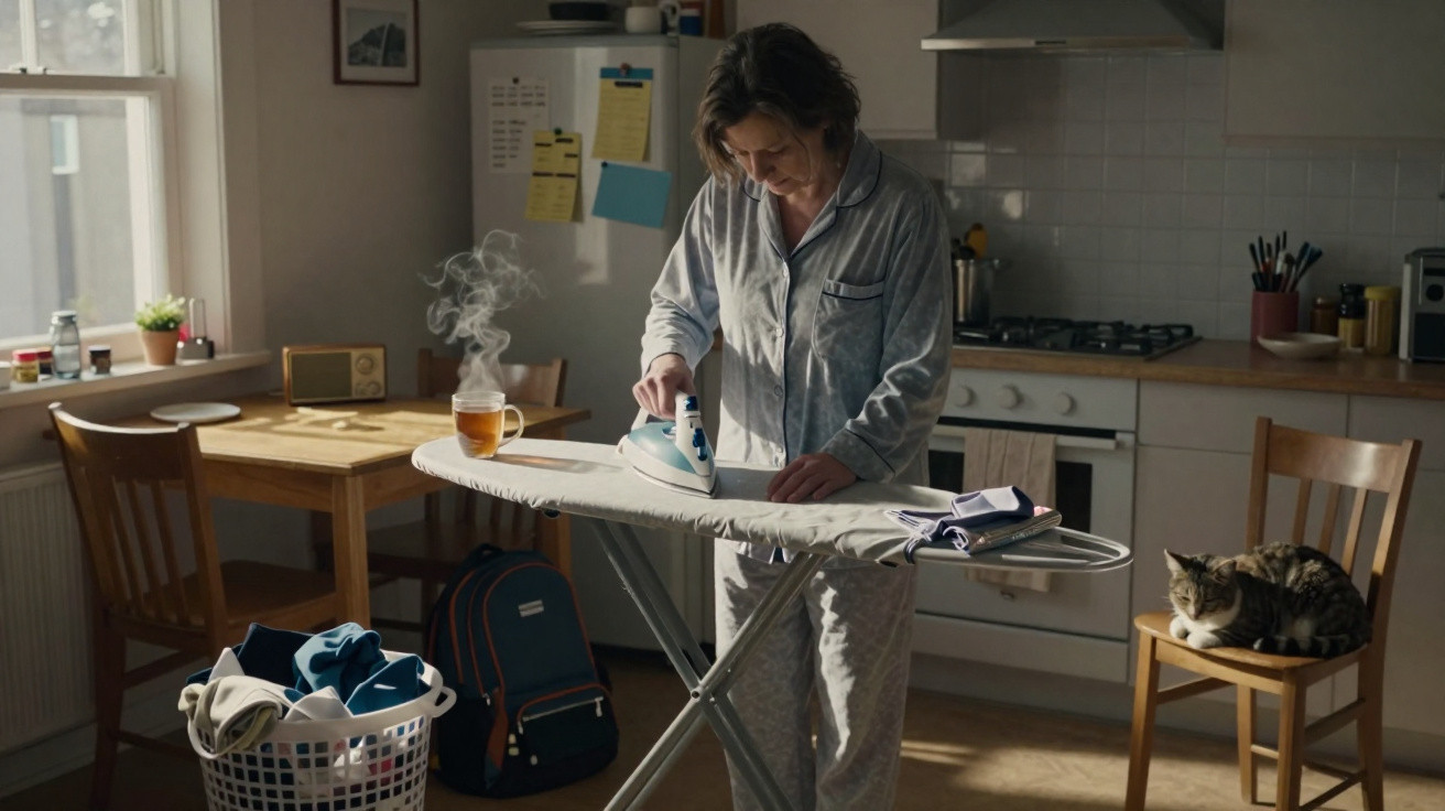 Woman in grey pajamas ironing clothes in a kitchen with a steaming cup and a cat on a chair nearby