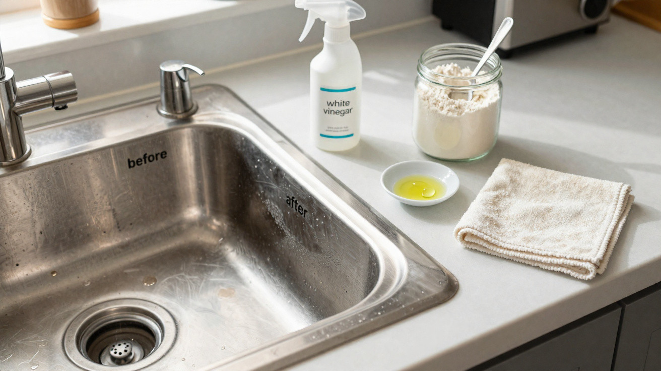 Kitchen sink showing cleaning results with white vinegar spray, baking soda in a jar, oil in a dish, and a cloth on the count