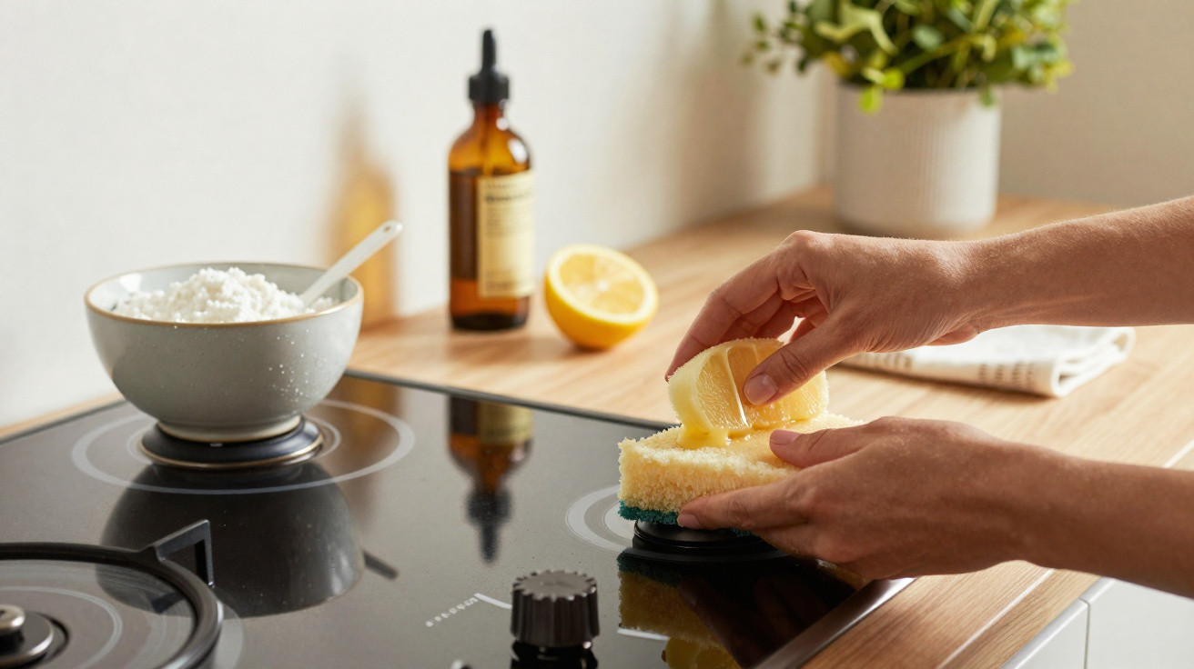 Person cleaning a kitchen stove with a sponge and lemon, with baking soda in a bowl nearby.