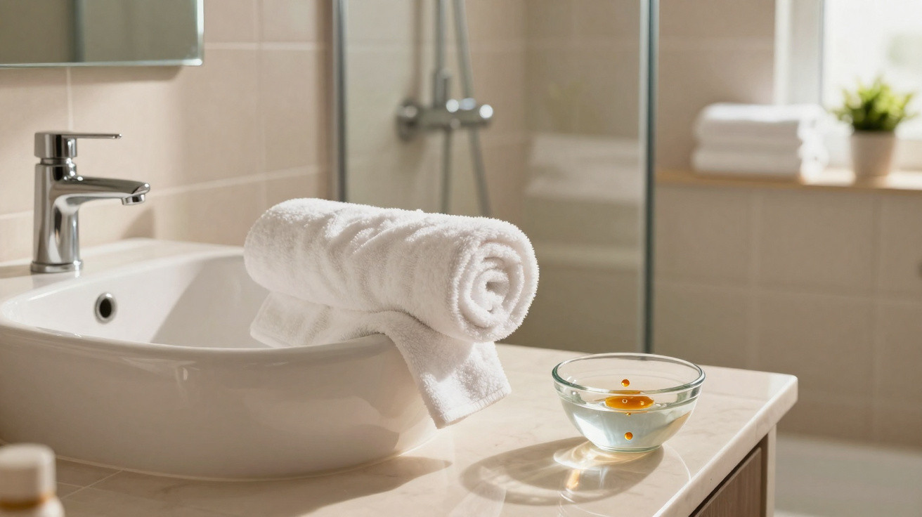 Rolled white towel on bathroom sink counter next to a glass bowl with floating candle in natural light.