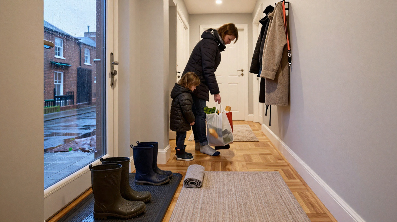 Adult and child in coats entering a hallway with boots on a tray and coats hanging on the wall.