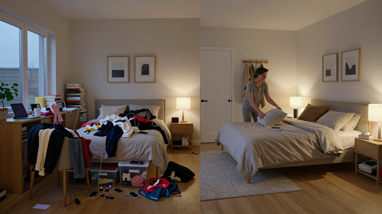 Split image showing a messy bedroom on the left and the same bedroom tidy with a woman making the bed on the right.