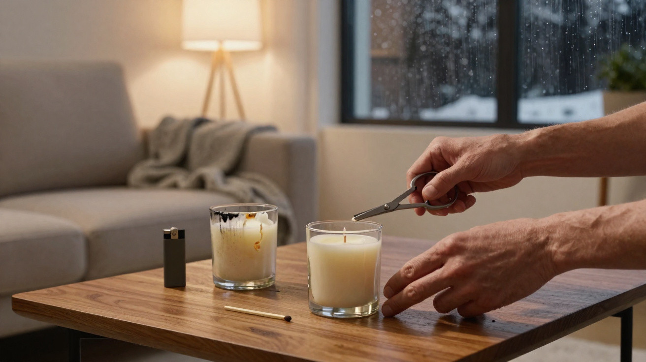 Hands lighting a white candle on a wooden table with a matchstick and lighter next to it in a cosy living room.