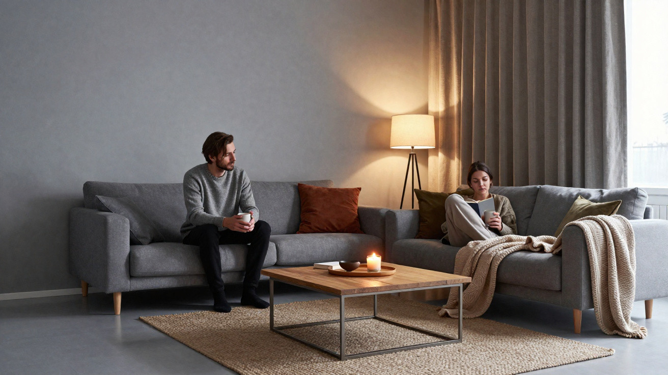Man and woman sitting silently on separate grey sofas in a dimly lit living room with a candle on the table.