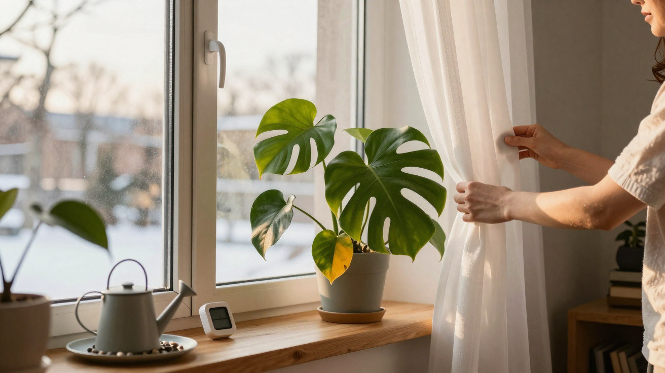 Person opening white curtains beside a window with potted plants and a watering can on the sill.