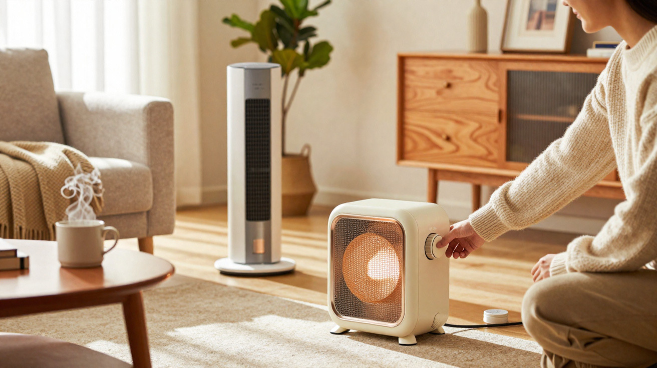 Person adjusting a small electric heater in a cosy living room with a tall fan and sofa nearby.