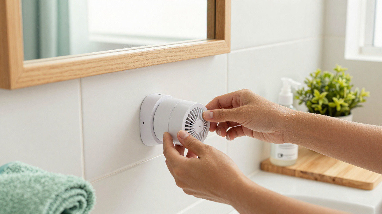 Hands installing a white air freshener on a bathroom wall with a green towel and plant in the background.