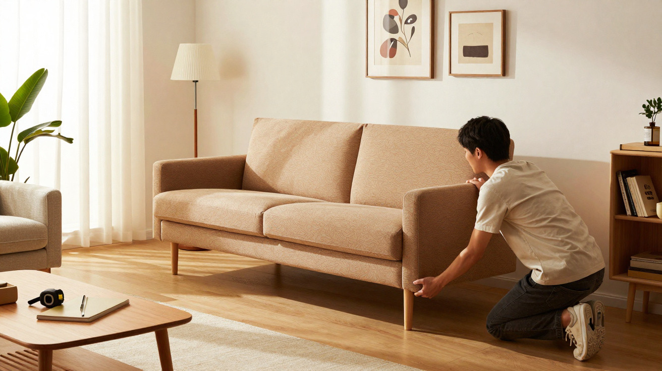 Person adjusting a beige sofa leg in a bright, minimalist living room with wooden furniture and plants.