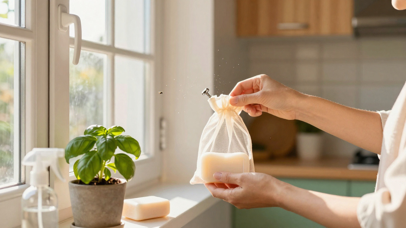 Hands placing a bar of soap into a mesh bag by a kitchen window with a potted basil plant and spray bottle nearby.