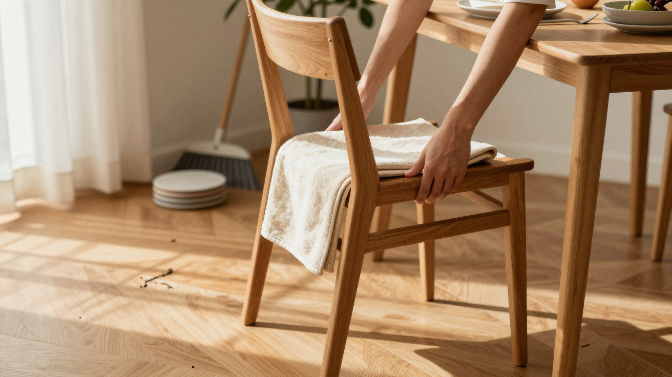 Person placing a folded towel on a wooden dining chair in a sunlit room with parquet flooring.