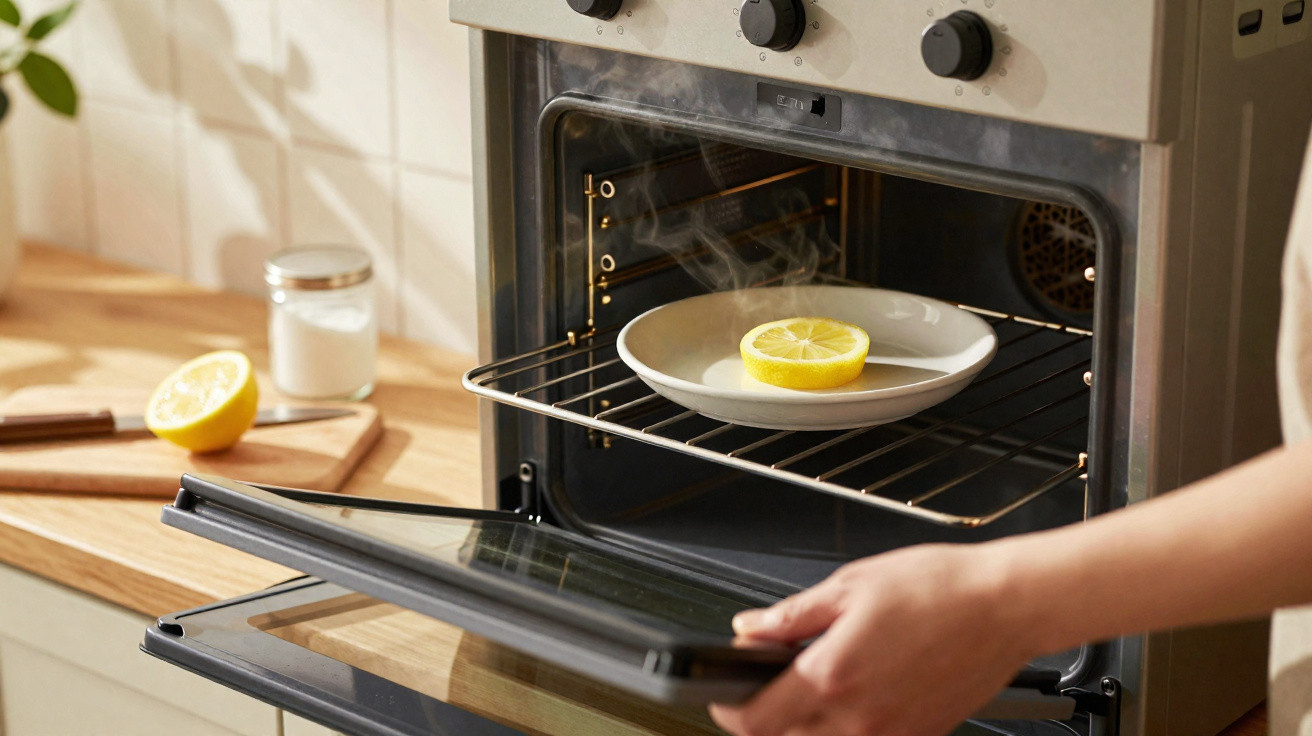Hand opening oven door with a steaming plate holding a lemon half inside, kitchen countertop with lemon and jar nearby.