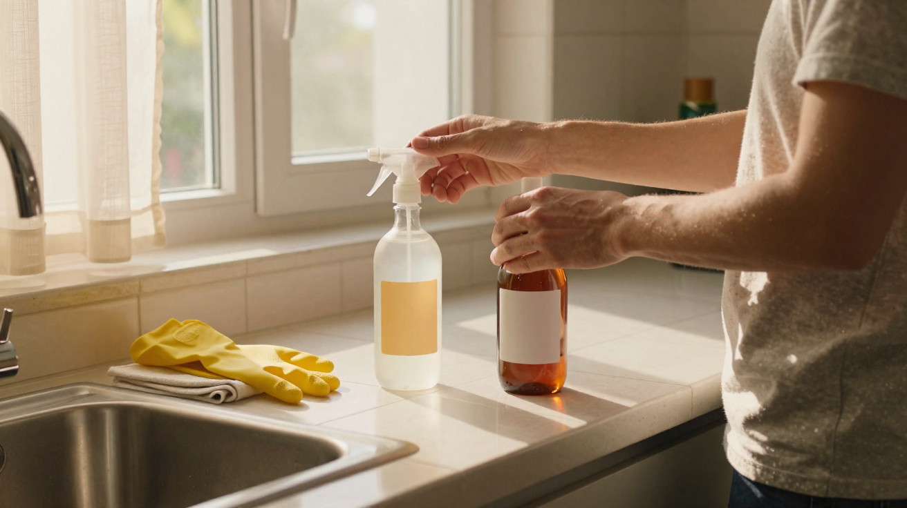 Person dispensing liquid from spray bottle on kitchen counter with rubber gloves and cloth beside sink