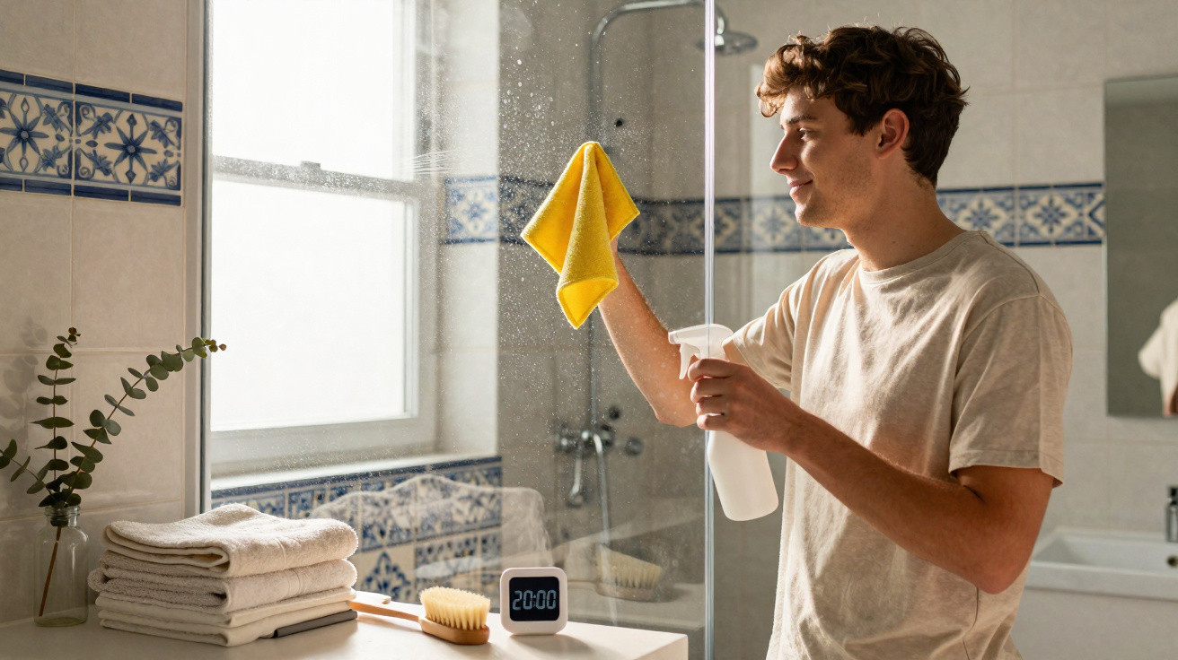 Young man cleaning a bathroom mirror with a yellow cloth and spray bottle near a window and folded towels.