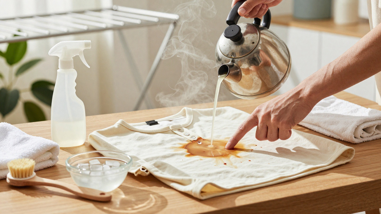 Steam from a kettle is being poured onto a stain on a white shirt on a wooden table with cleaning items nearby.