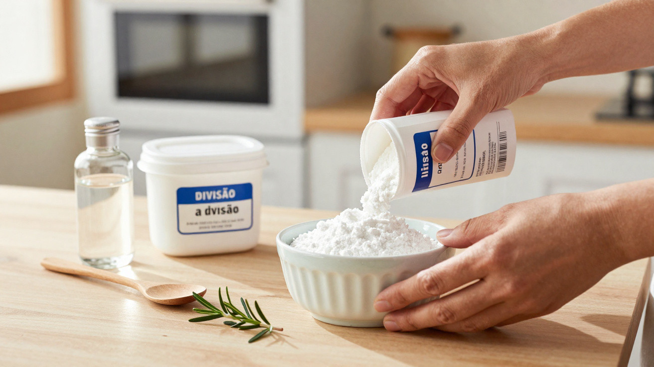 Hands pouring white powder from a container into a bowl on a wooden kitchen countertop with ingredients nearby.