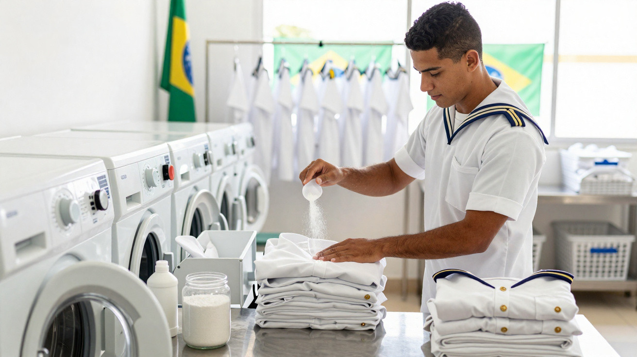 Man in white uniform adding detergent to folded clothes in a laundry room with washing machines and Brazilian flags.